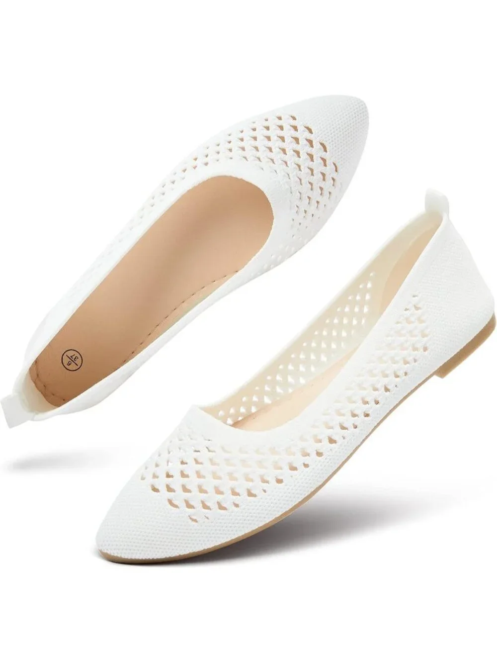 Women's White Comfortable Knit Pointed Toe Slip On Business Casual Ballet Flats